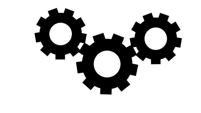 Interlocking gears rotate and converge on a white background