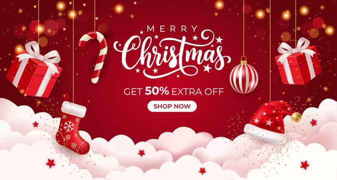 Merry Christmas sale banner hanging red gifts, candy cane, striped bauble, stocking and Santa hat above white clouds gold bokeh lights discount on New Year 2027 background modern design card banner