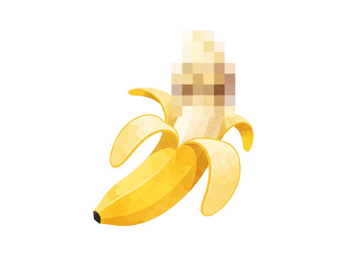 Watercolor Banana with Pixelated Censored Top on Black Background