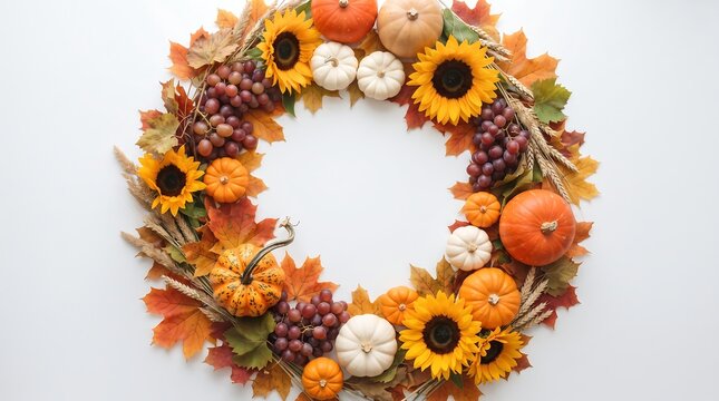 Autumn wreath with sunflowers pumpkins grapes and fall leaves on a white background for seasonal decor