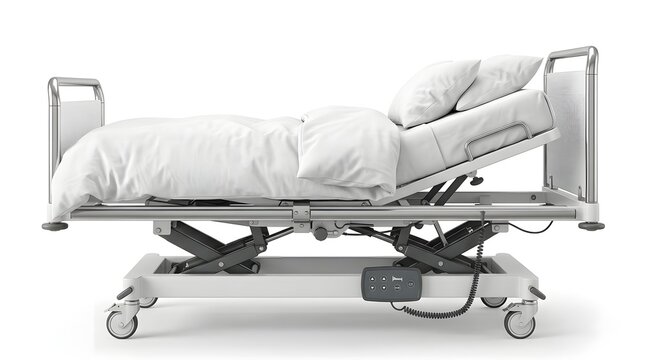 Hospital Bed with White Linens and Adjustable Features for Patient Care