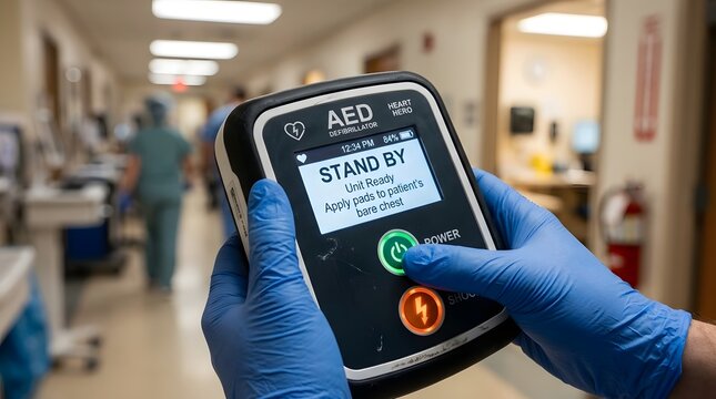 Aed Device Held by Medical Professional in Hospital Hallway Close Up
