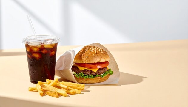 Hamburger with fries and iced soda on table