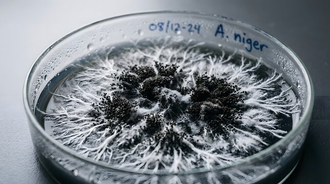 Mold Colony with White Mycelium and Dark Spores Growing in Petri Dish
