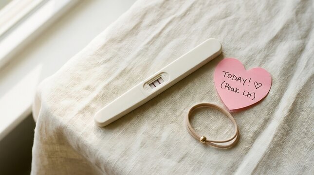 Positive ovulation test showing two lines on white linen with pink heart note