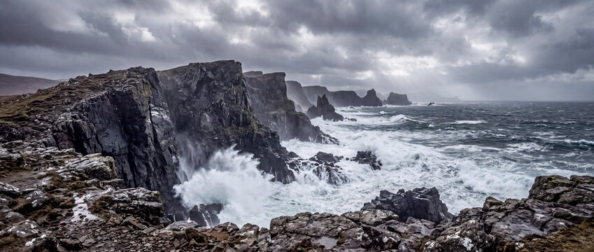 Waves crash against rocky cliffs on a stormy day at the coast Generative AI