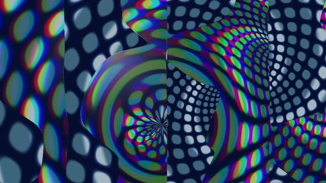 Abstract iridescent 3D holographic waves with colorful dot patterns for a modern digital animation background