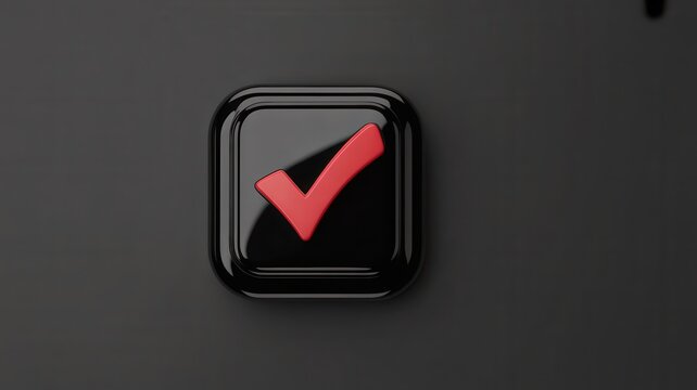 Shiny black square checkmark button on a dark background. Perfect for task completion, success, and voting concepts.