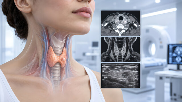 Thyroid nodule and neck lump evaluation radiology concept with realistic medical imaging and anatomical gland detail for diagnostic awareness, patient education, healthcare websites and design