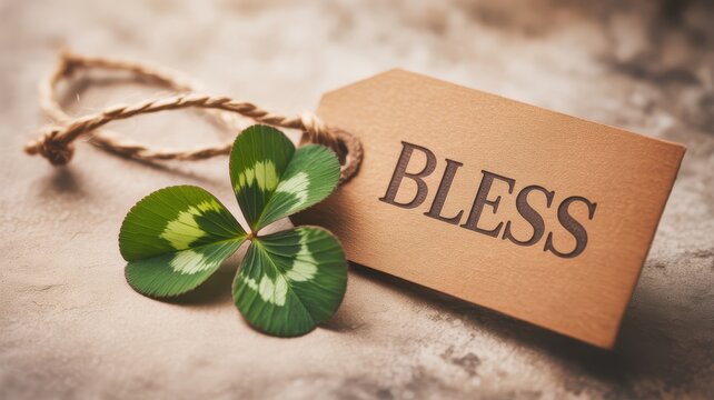 A lucky four-leaf clover next to a rustic paper tag with the word bless printed on it. Perfect for spiritual, wellbeing or greeting concepts.