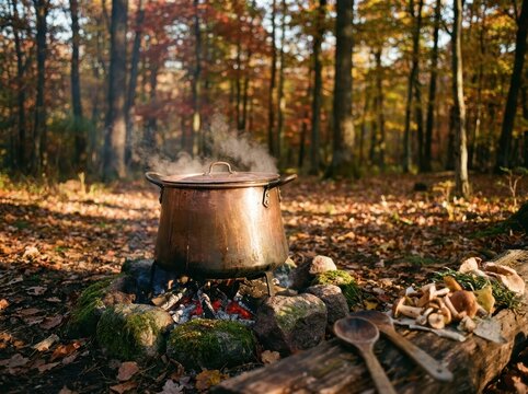 Rustic Copper Pot Simmering Over A Crackling Campfire In A Natural Outdoor Setting