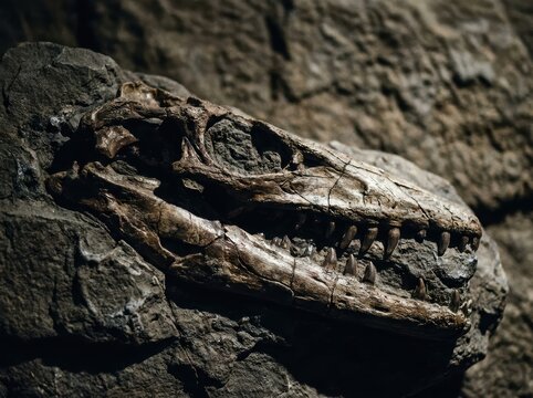 Fossilized Mosasaurus Skull Fragment Displayed In A Museum Exhibit