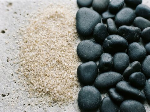 Close-Up Of Natural Sand And Smooth Pebbles Side-By-Side, Creating A Calming Beach Texture.