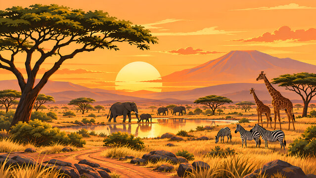 African safari landscape with elephants, giraffes and zebras at sunset near mountain lake illustration