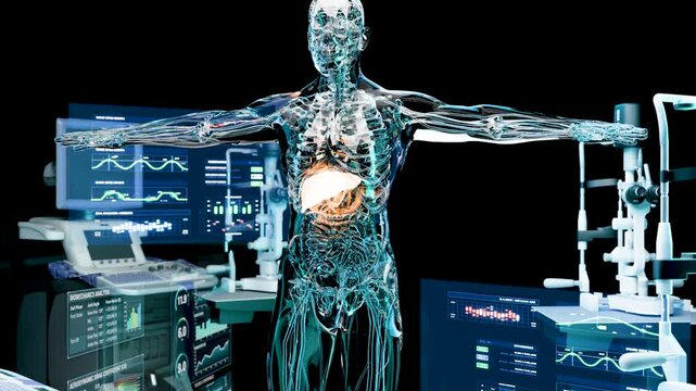 X-Ray Style View of the Human Body Highlighting the Liver, Digestive and Metabolic System Anatomy, 3d render