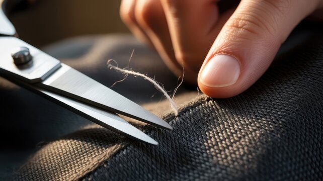 Tailor cutting loose threads from black fabric with sharp scissors in warm sunlight. Precision tailoring and clothing repair concept.