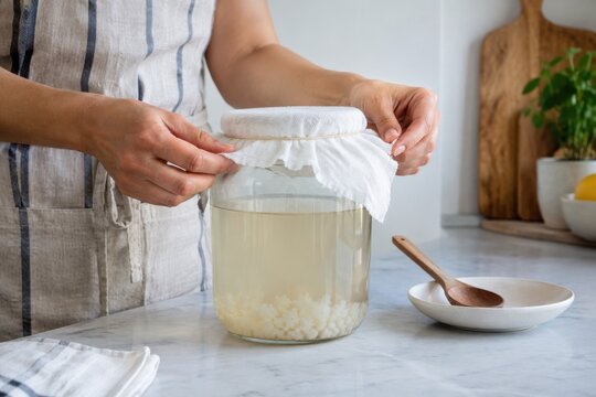 Woman covering jar of water kefir grains in kitchen