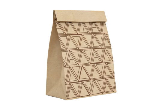 Brown paper lunch bag with geometric triangle pattern print for food takeout or retail packaging isolated on a transparent background