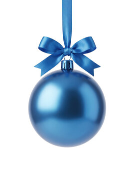 Blue christmas bauble with silk bow as isolated on, blue ornament as isolated on transparent background