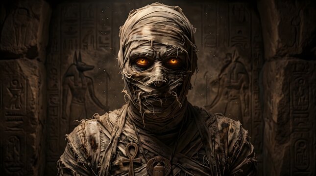 A terrifying ancient mummy with glowing eyes standing in a dark tomb for a spooky halloween horror themed background
