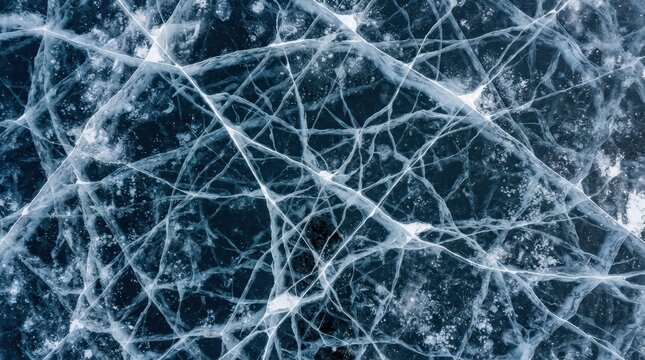 Stunning top down view of deep blue frozen lake with complex white spiderweb crack patterns across ice sheet surface