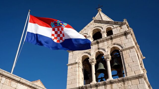Croatian flag waving in front of a historic stone bell tower against a clear blue sky in a coastal town