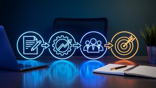 Business process management concept with digital workflow icons for planning, teamwork, and target achievement
