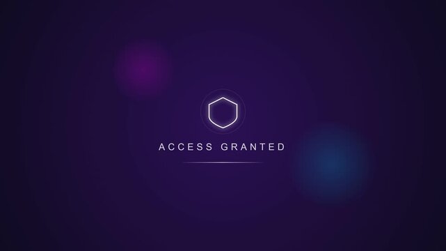 Cyber security concept with glowing access granted text and shield icon on dark purple background