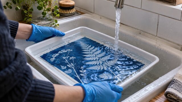 Rinsing a botanical cyanotype print under a water tap