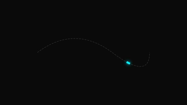 Abstract glowing blue orb traveling along a curved path in deep darkness.