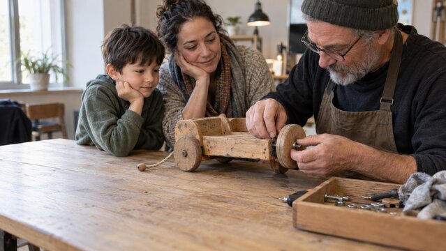 Carpenter repairing a wooden toy for a mother and son