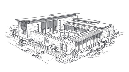 Obraz premium Detailed architectural sketch of a modern building with a central courtyard.