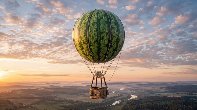 Surreal hot air balloon shaped like a fresh watermelon floating above a misty landscape at sunrise
