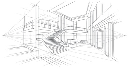 Fototapeta premium Modern Architectural Interior Design Sketch with Staircase.