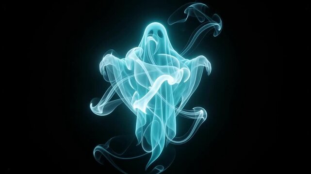 Front view of an ethereal glowing ghost figure floating with swirling smoke on black background.