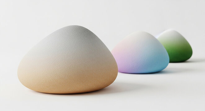 Three decorative sculptures feature smooth pebble shapes with soft gradient hues representing calm aesthetics while creating a sense of balance for interior design displays in a professional
