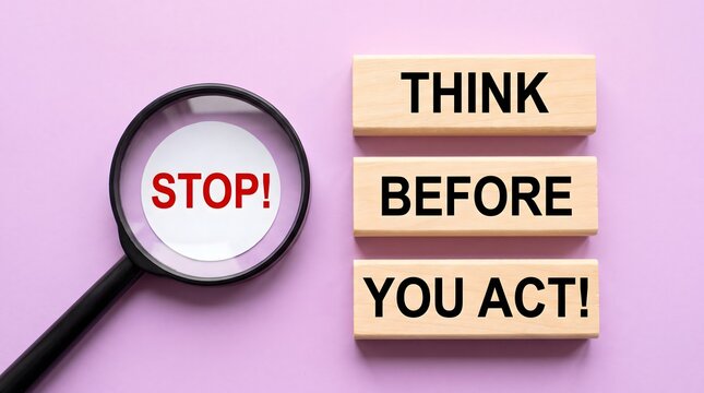 Think Before You Act Wooden Blocks with Stop Magnifying Glass on Pink Background