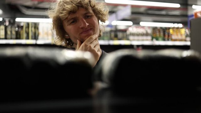Shopper resists impulse buying after considering a product on the store shelf showing self control thoughtful spending financial discipline and conscious shopping choices