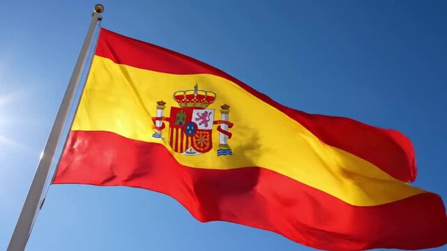 National flag of spain waving in the wind against a clear blue sky
