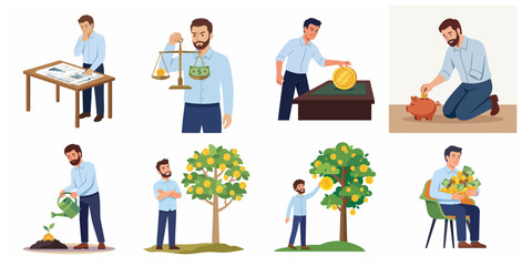 Fototapeta premium Business growth and financial investment concept set with businessman, money tree, piggy bank, and profit icons