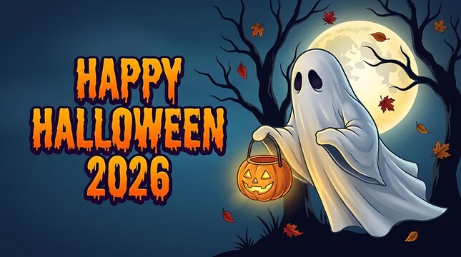 Festive halloween greeting with a friendly ghost and glowing jackolantern under a full moon