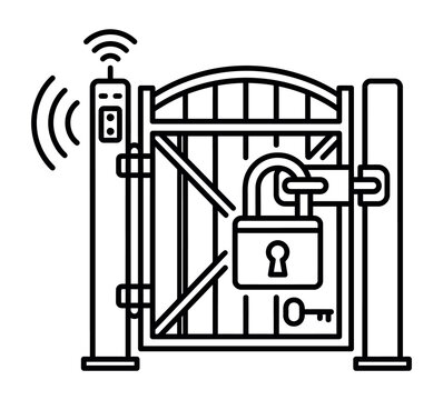 Smart gate access icon featuring a wireless padlock and remote security sensor