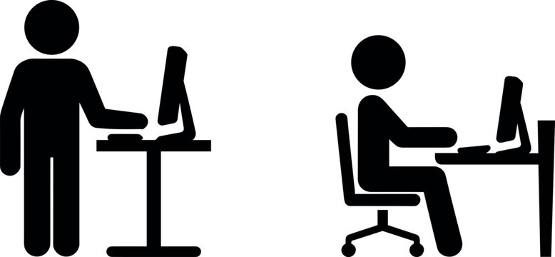 Workplace computer icons featuring standing employee, seated office worker, and desktop workstation setup