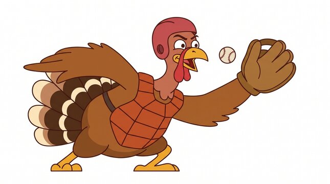 Funny cartoon turkey playing baseball wearing catcher's helmet and chest protector catching ball with leather mitt isolated on white background