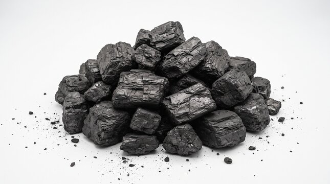 Natural black coal pile on white background. Raw mineral carbon stones for energy industry. Heap of anthracite fuel rocks.