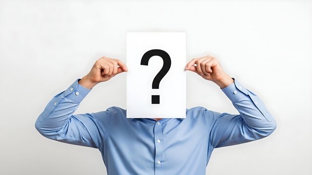 Man holding white paper sheet with black question mark symbol over face against white background