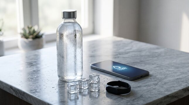 Reusable water bottle and fitness gadgets on marble table