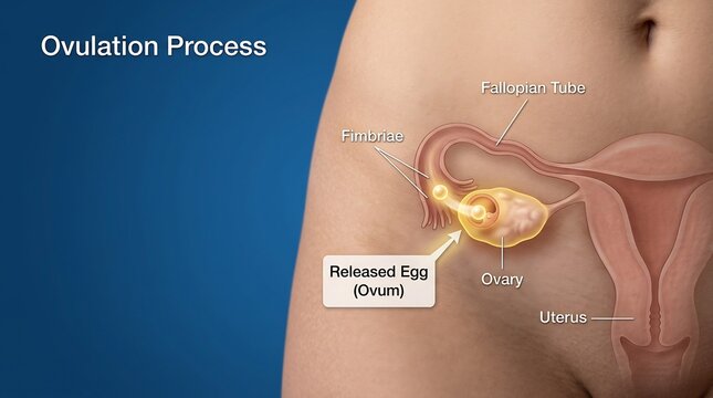 Diagram of the female reproductive system showing the ovulation process and anatomy