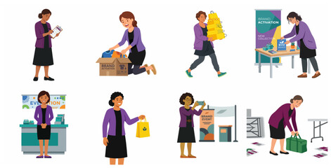 Fototapeta premium Set of professional women managing brand activation events, setting up product displays, unpacking merchandise, and providing customer service in a retail environment