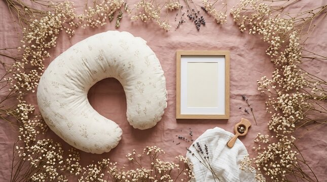 Flat lay of a baby nursing pillow, blank wooden picture frame, and wooden rattle on dusty rose fabric with dried white flowers